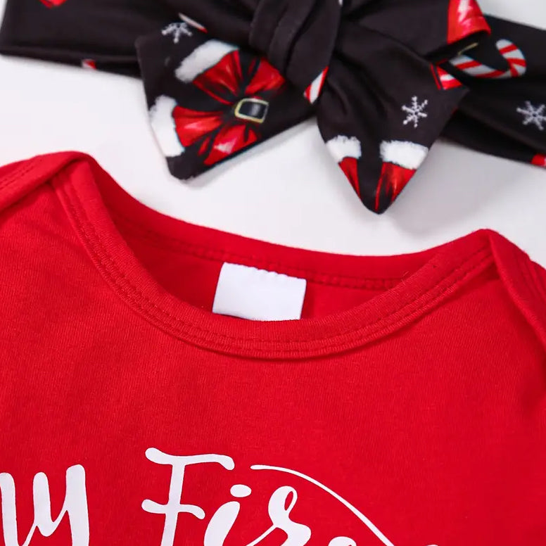 3PCS My First Christmas Letter Bow Printed Long Sleeve Baby Set