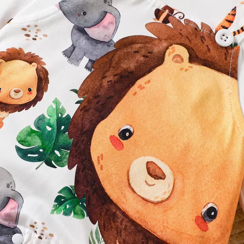 Casual Lion Elephant Print Faux Layer Long Sleeve Baby Jumpsuit