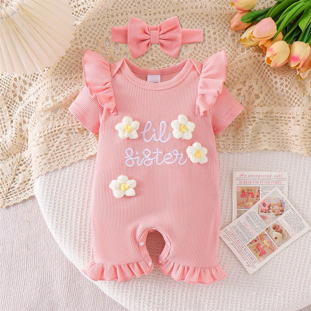 2PCS Lis Sister Letter Floral Appliqué Short Sleeve Baby Jumpsuit