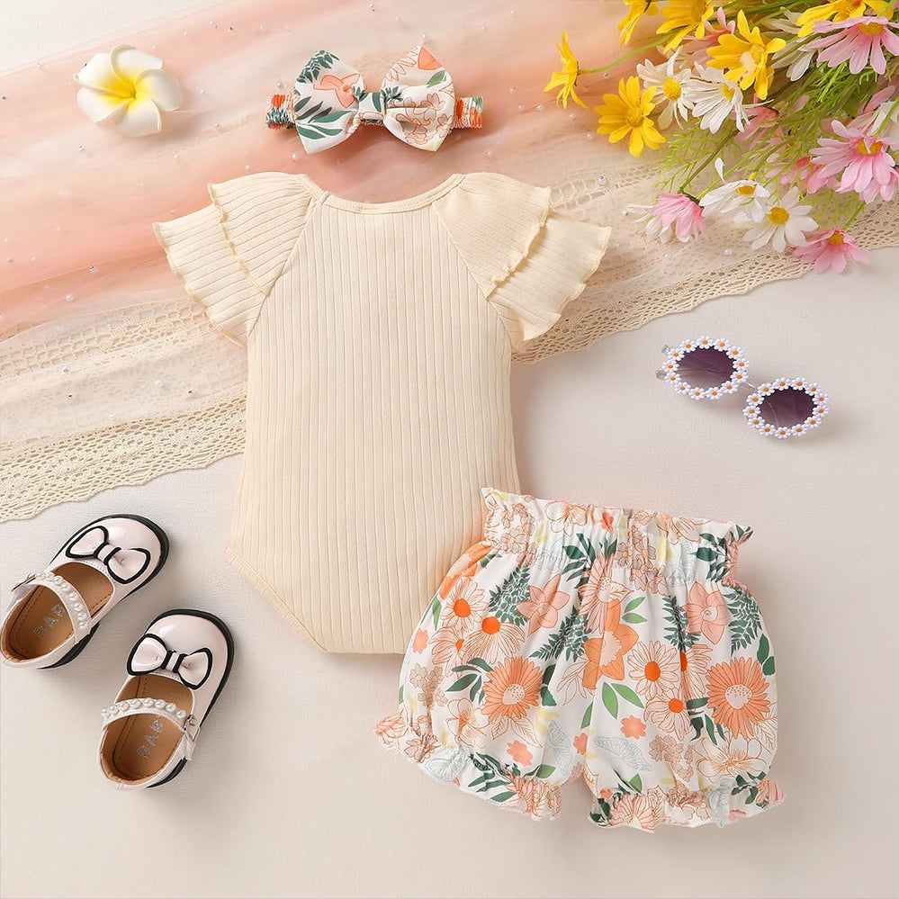 3PCS Classy Floral Print Flounce Sleeve Baby Set