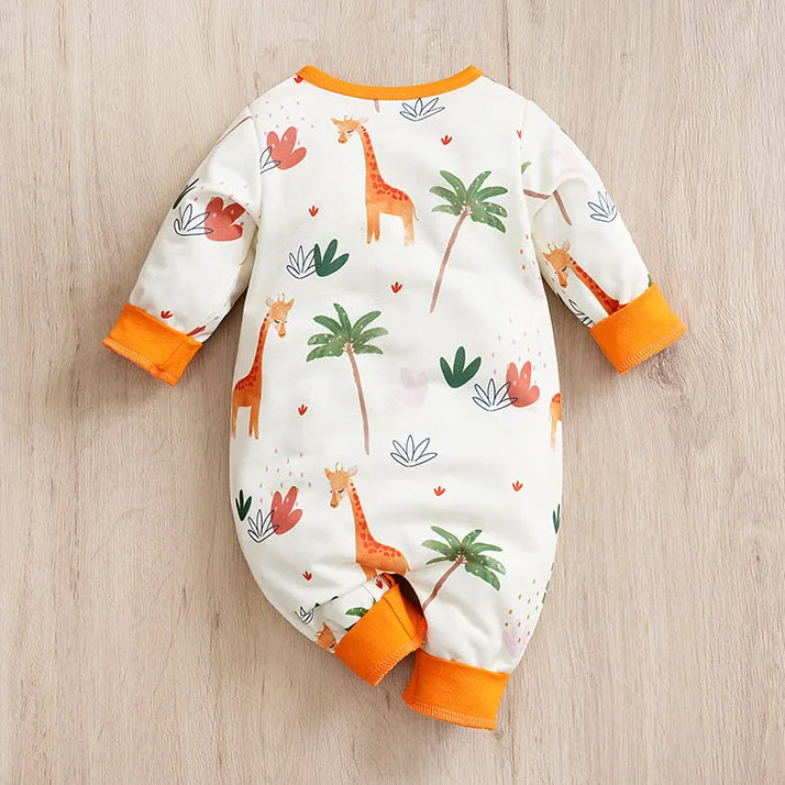 Stylish Cartoon Giraffe Printed Long Sleeve Baby Jumpsuit