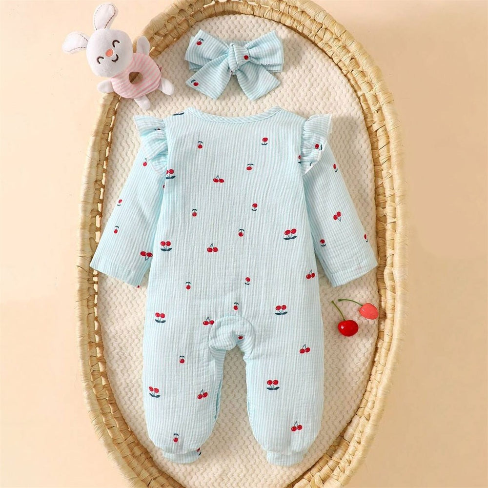 2PCS Lovely Cherry Printed Long Sleeve Baby Jumpsuit