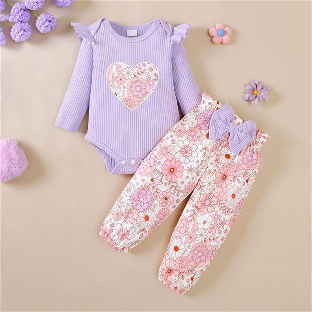 2PCS Heart Floral Printed Bow Long Sleeve Baby Set