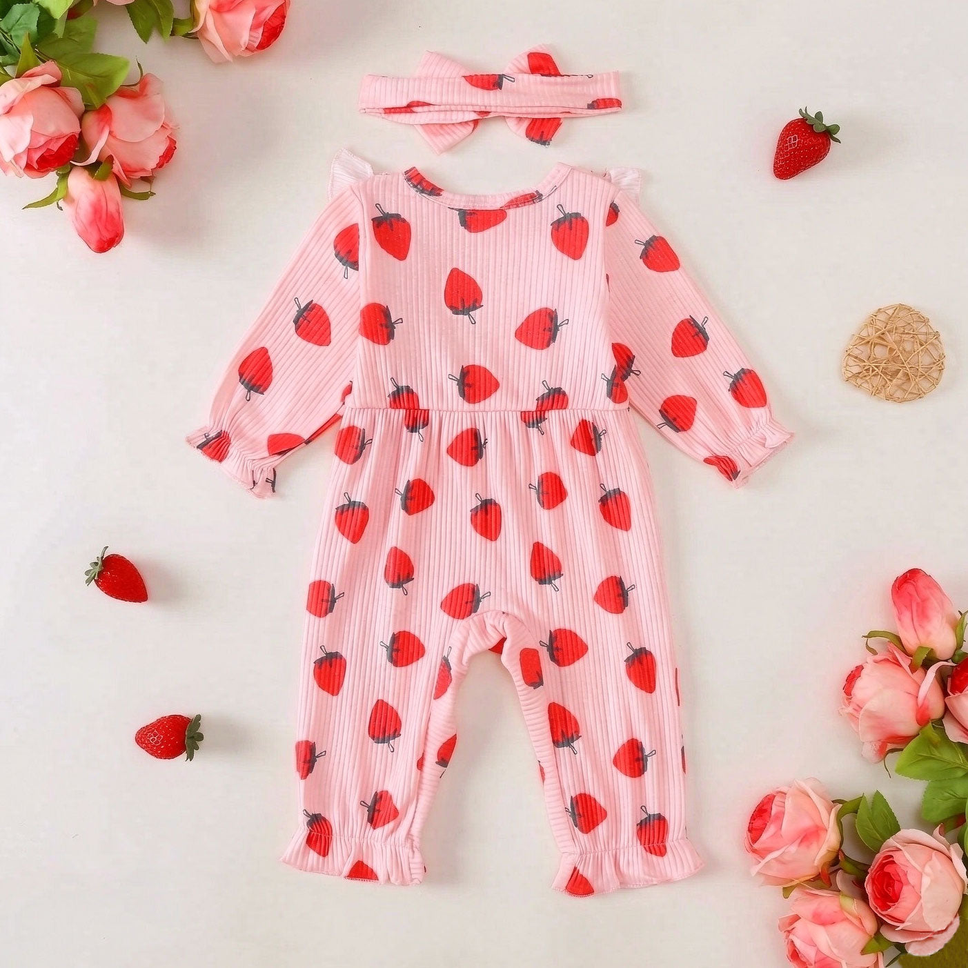 2PCS Bubbly Strawberry Print Long Sleeve Baby Girl Jumpsuit