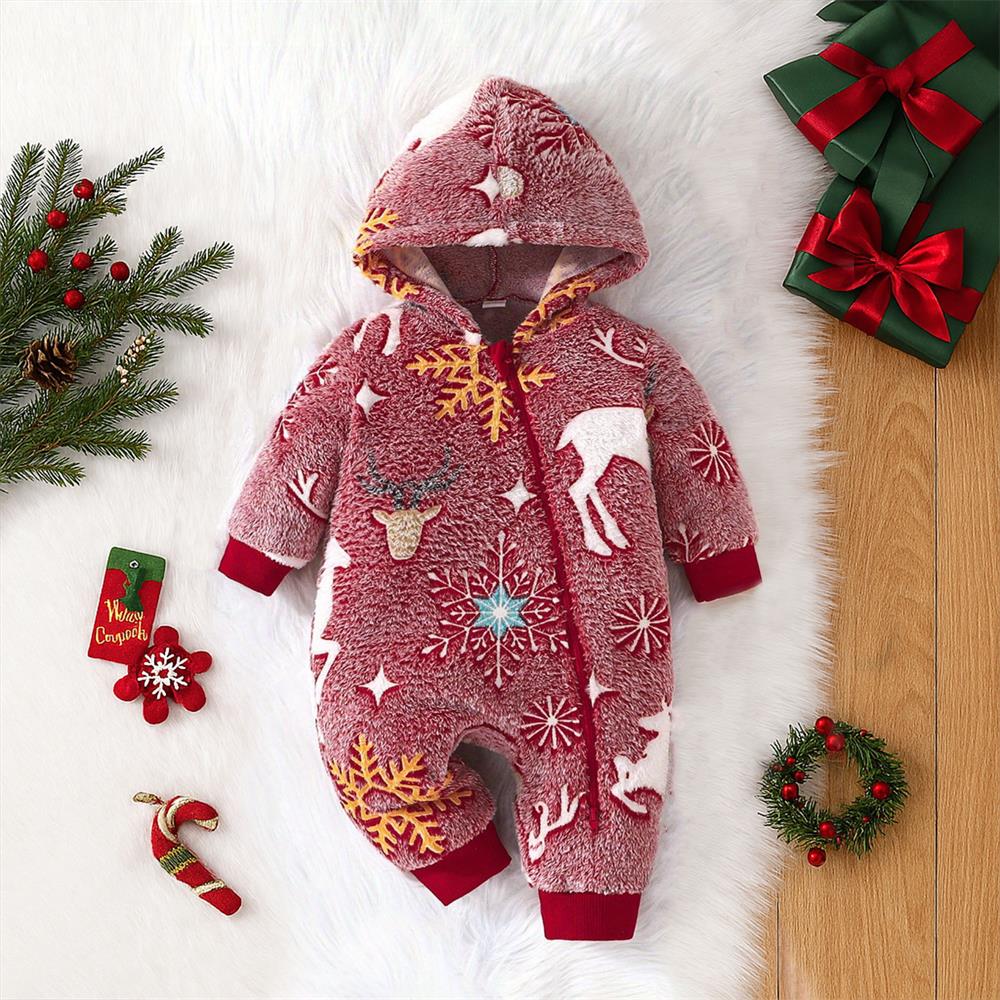 Soft Cozy Snowflake and Reindeer Print Long Sleeve Baby Jumpsuit