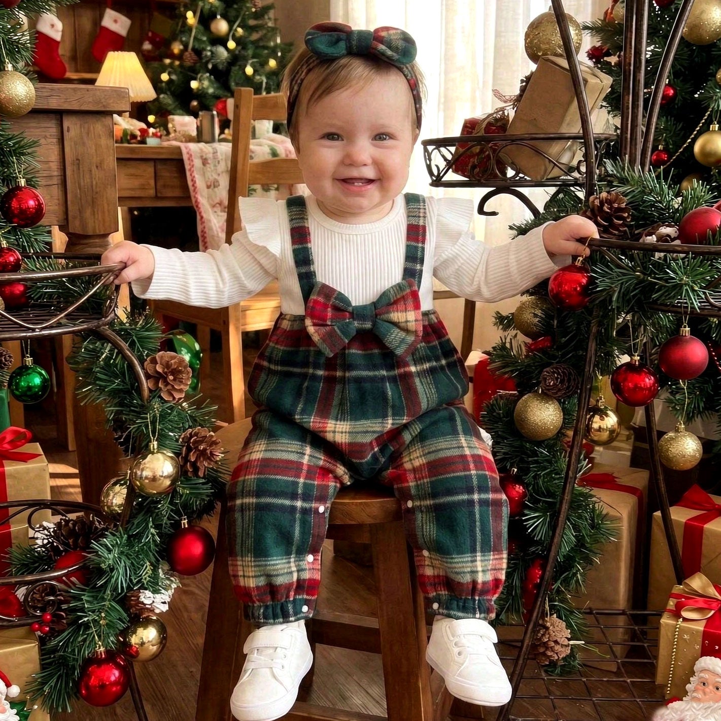 2PCS Chic Color Block Plaid Printed Long Sleeve Baby Girl Jumpsuit