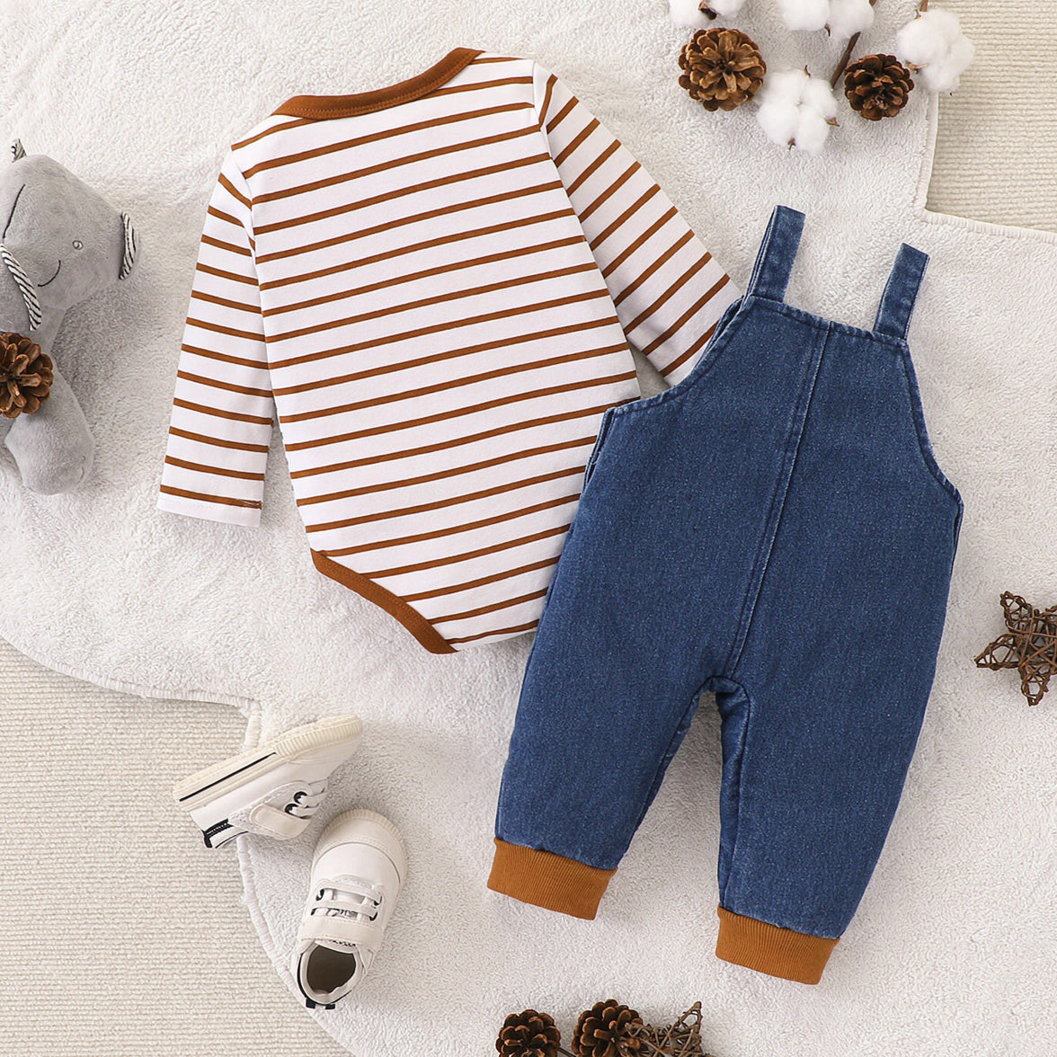 2PCS Cute Dog Stripe Print Long Sleeve Baby Denim Overalls Set