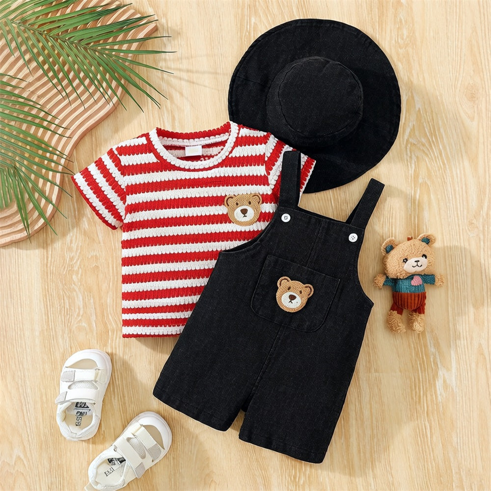 3PCS Lovely Bear Embroidery Stripe Print Short Sleeve Baby Set