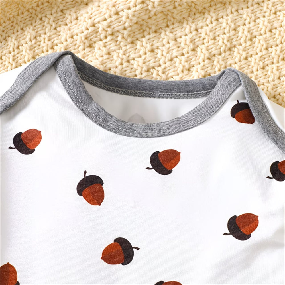 2PCS Cartoon Raccoon Acorn Pattern Printed Baby Overalls Set