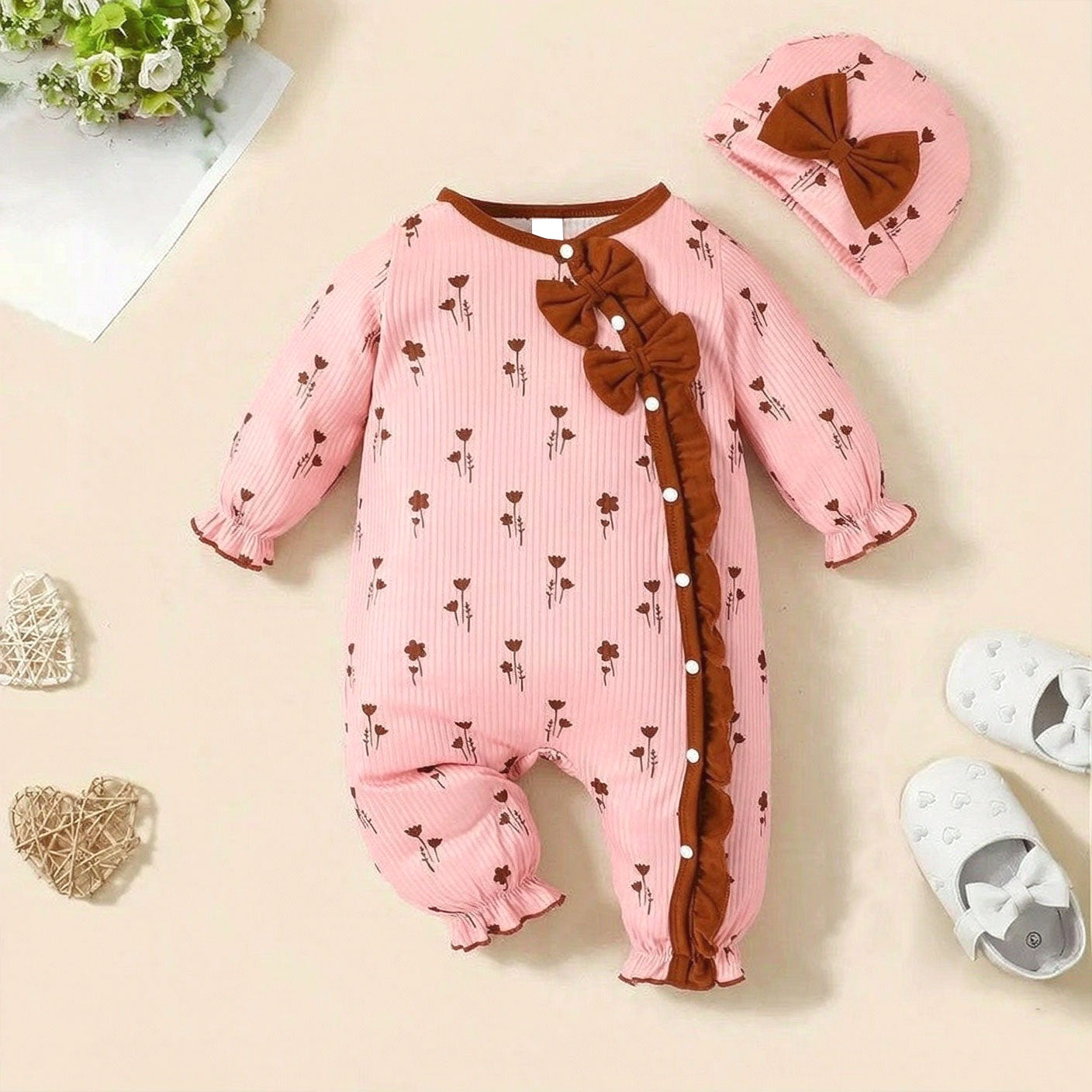2PCS Romantic Floral Printed Ruffle Long Sleeve Baby Girl Jumpsuit