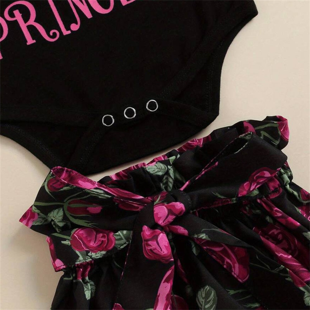 3PCS I'm A Princess Letter Floral Printed Short Sleeve Baby Set