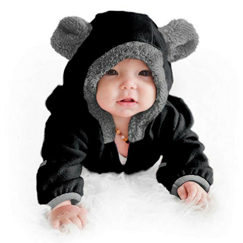 Newborn Baby Boy Girl Solid Color Cartoon 3D Bear Ear Long Sleeve Velvet Hoodie Jumpsuit