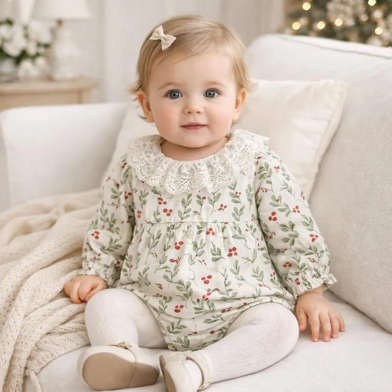 Cute Floral Leaf Printed Long Sleeve Baby Romper
