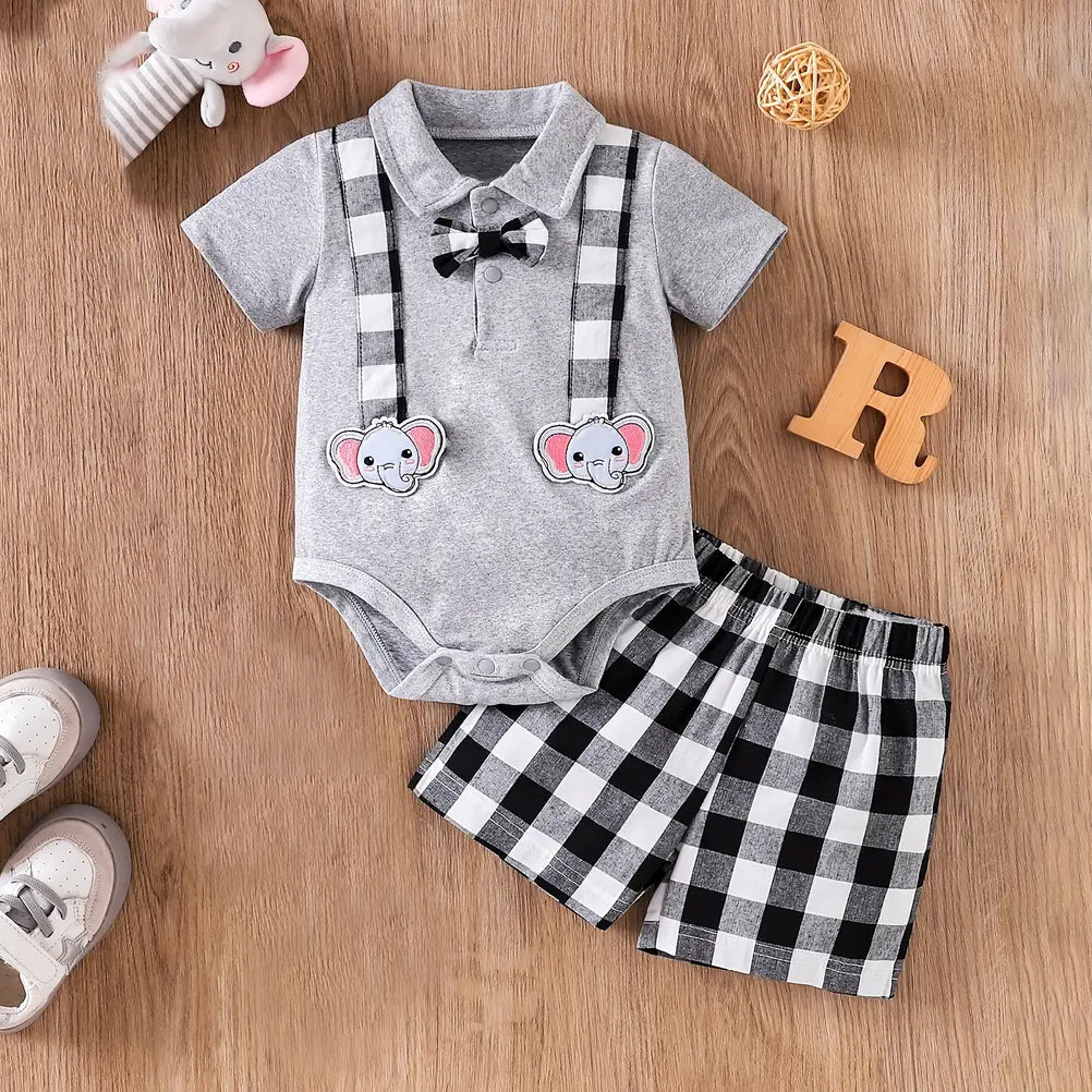 2PCS Summer Plaid Printed Short Sleeve Baby Boy Set