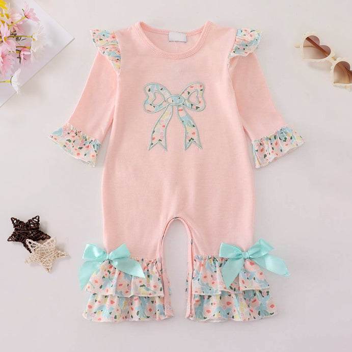 Sweet Floral Bow Print Long Sleeve Baby Jumpsuit
