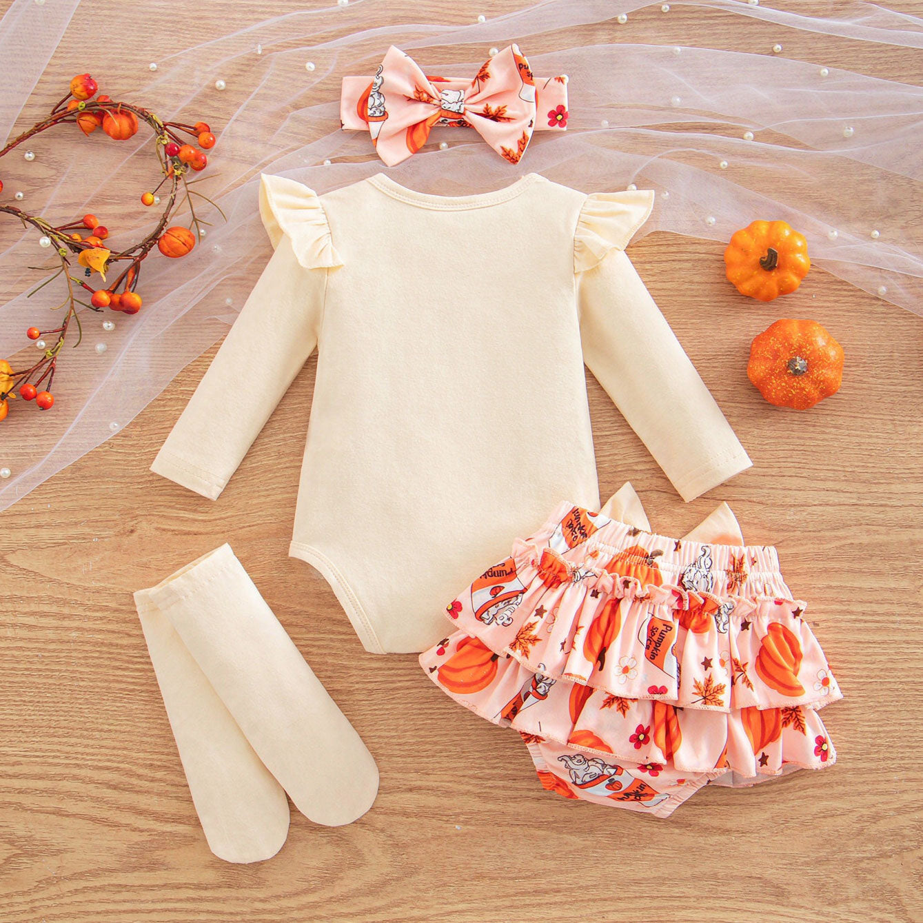 4PCS Mama's Pumpkin Letter Applique Pumpkin Print Baby Set