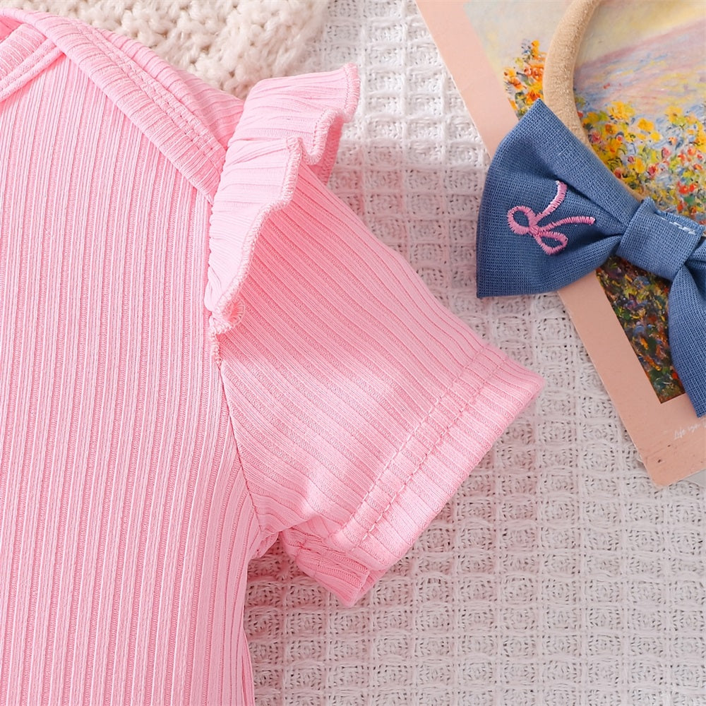 2PCS Sweet Bow Printed Short Sleeve Baby Overalls Set