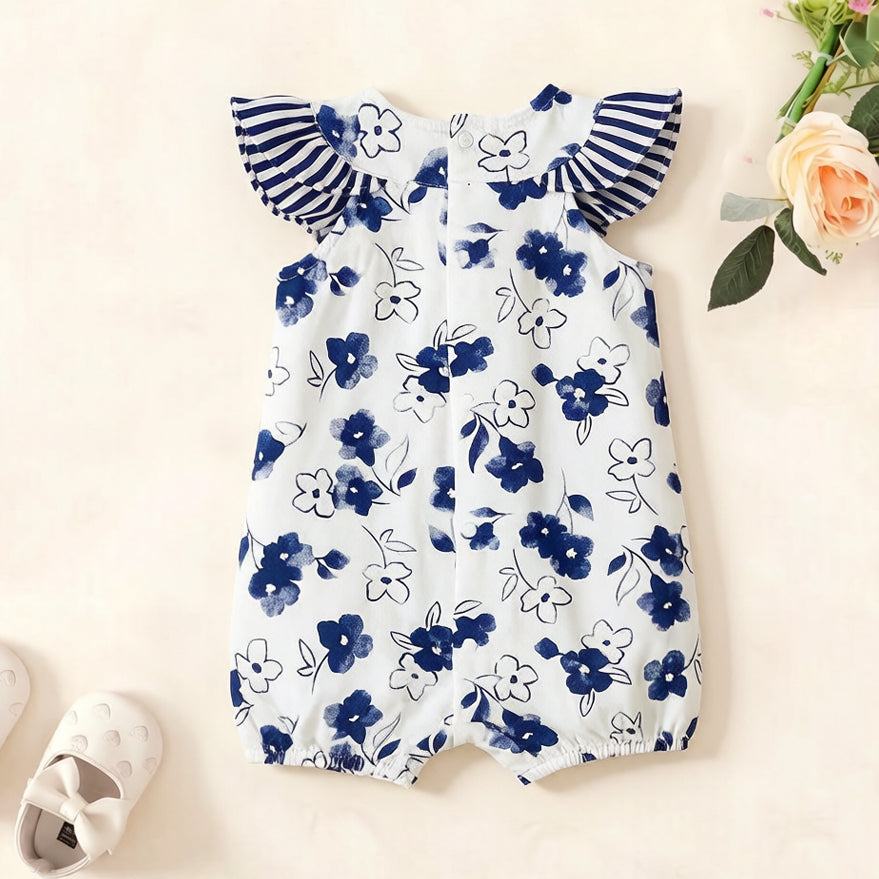 Stylish Floral Stripe Print Flounce Sleeve Baby Jumpsuit