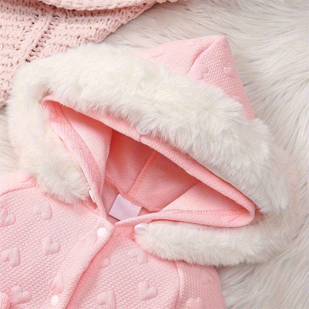Soft Heart Print Long Sleeve Big Fur Collar Hooded Baby Jumpsuit