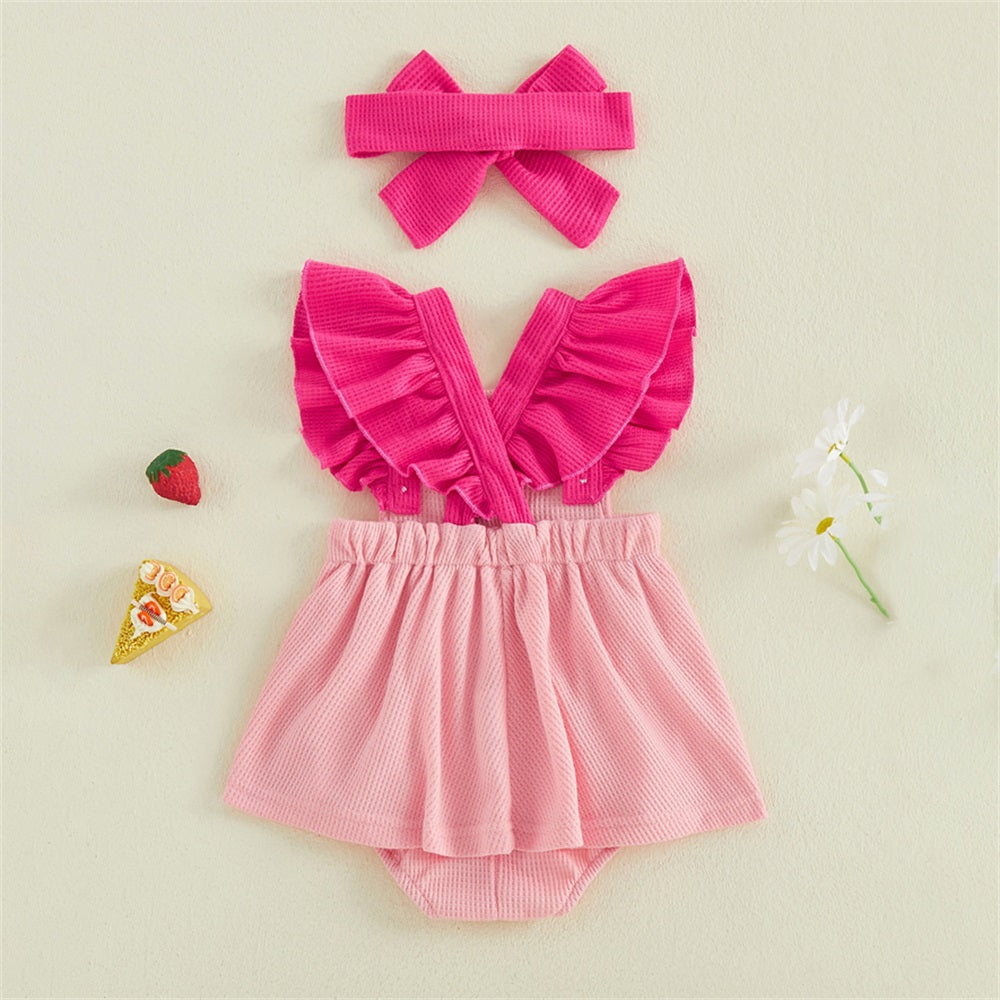 2PCS Strawberry Embroidery Flounce Sleeve Baby Romper