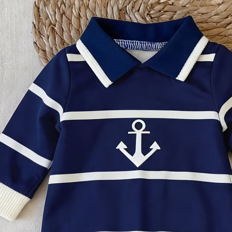 Casual Anchor Stripe Print Long Sleeve Baby Boy Jumpsuit