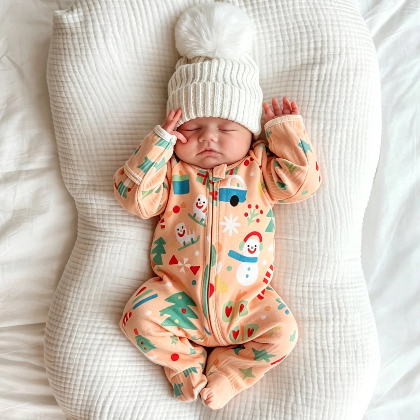 Adorable Christmas Tree Snowman Print Long Sleeve Zipper Baby Jumpsuit