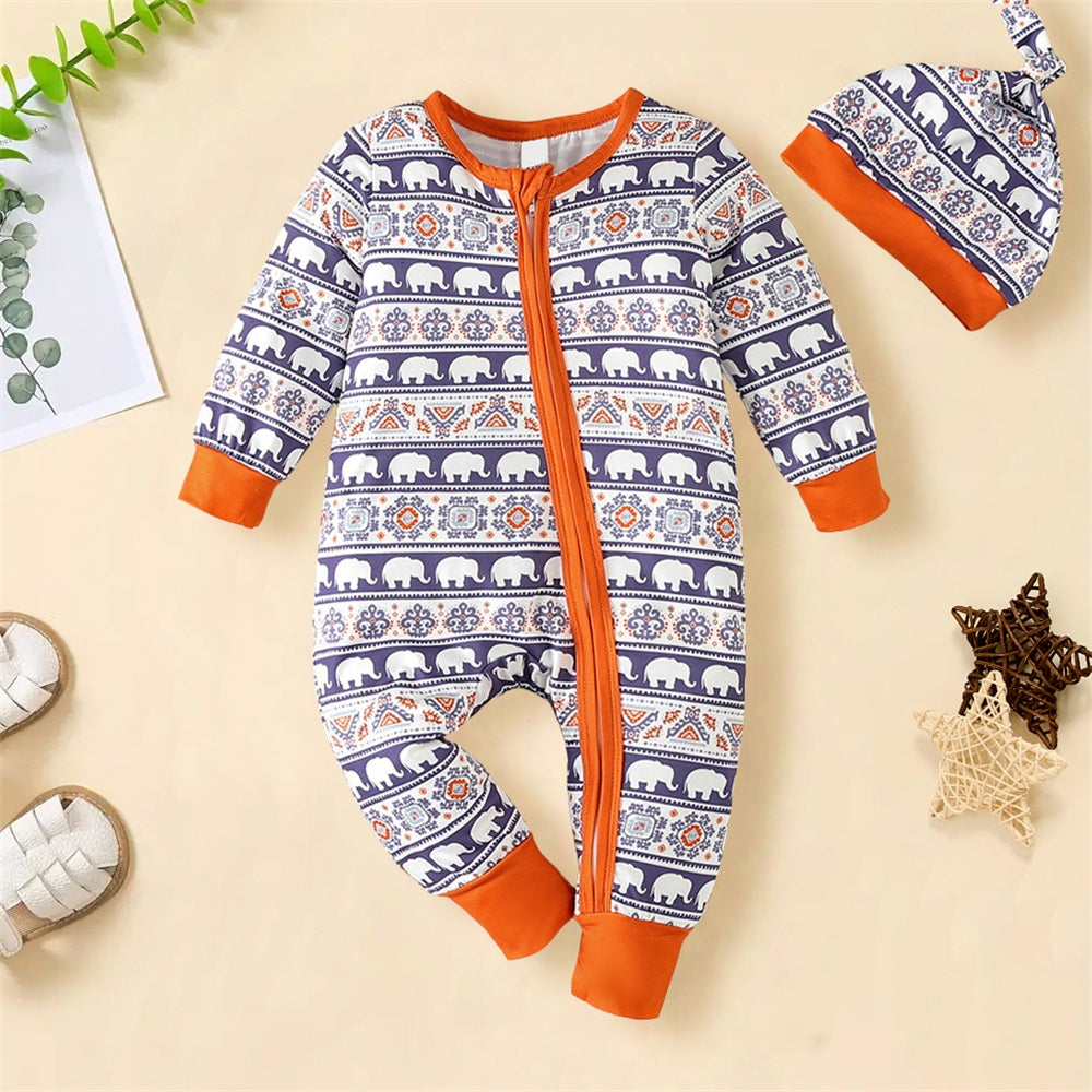 2PCS Casual Elephant Print Long Sleeve Baby Jumpsuit