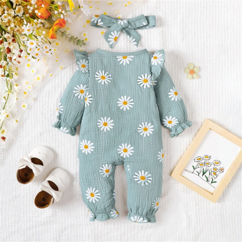 2PCS Stylish Daisy Print Bow Long Sleeve Baby Jumpsuit