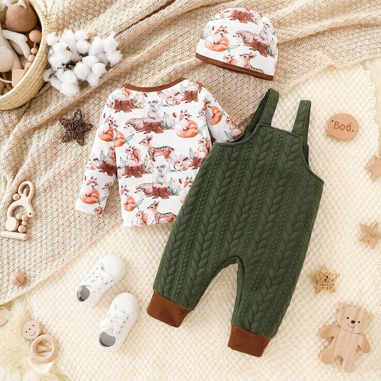 3PCS Animal Print Long Sleeve Texture Baby Overalls Set