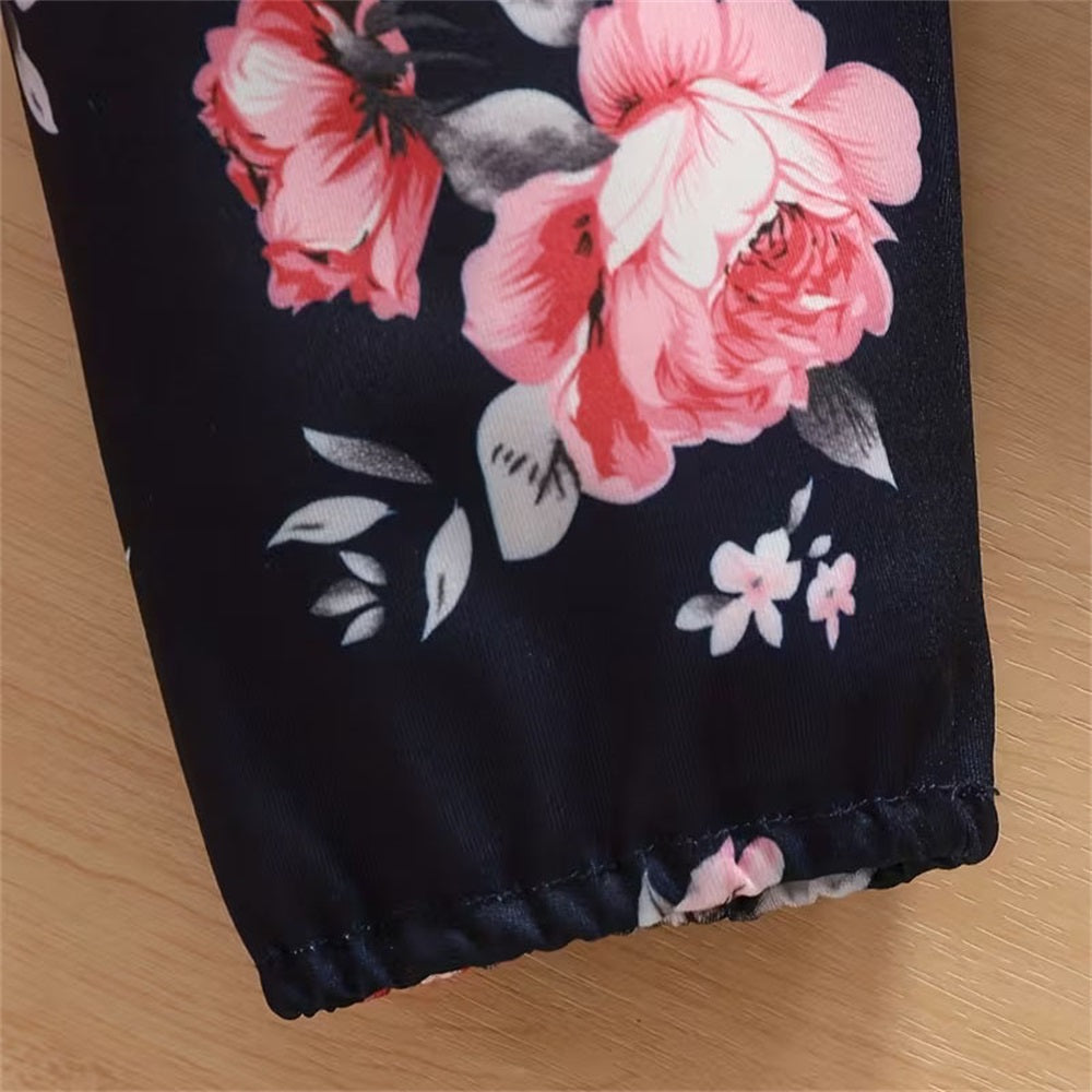 3PCS Floral Print Bow Decorate Long Sleeve Baby Overalls Set