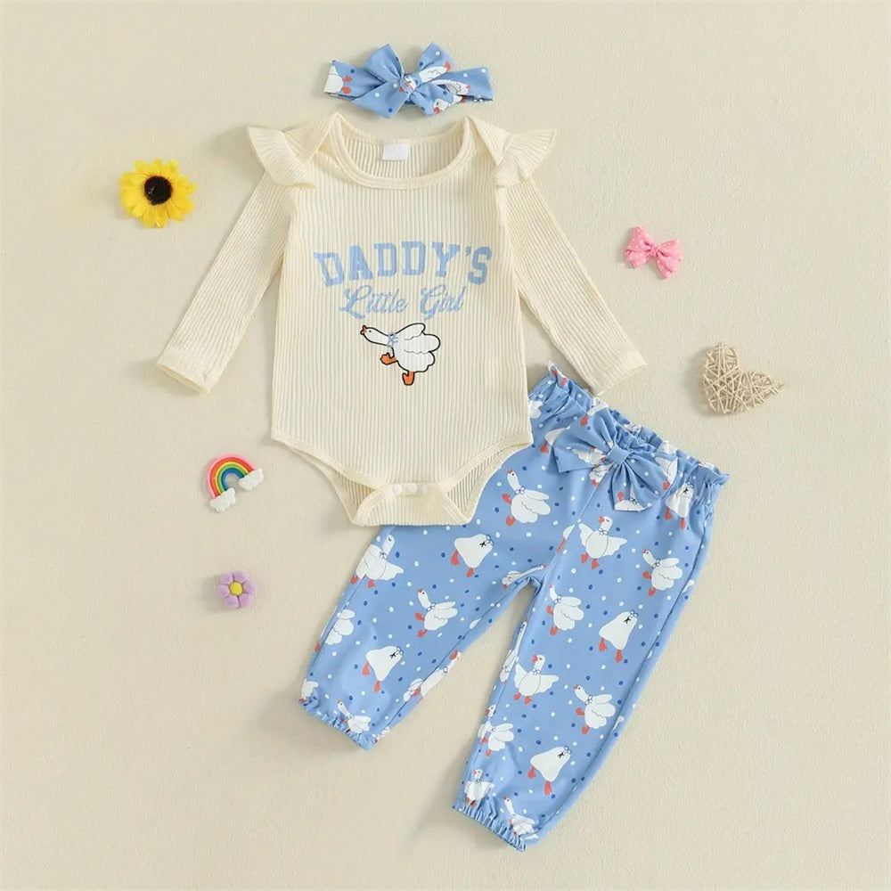 3PCS Daddy's Little Girl Letter Duck Print Baby Set