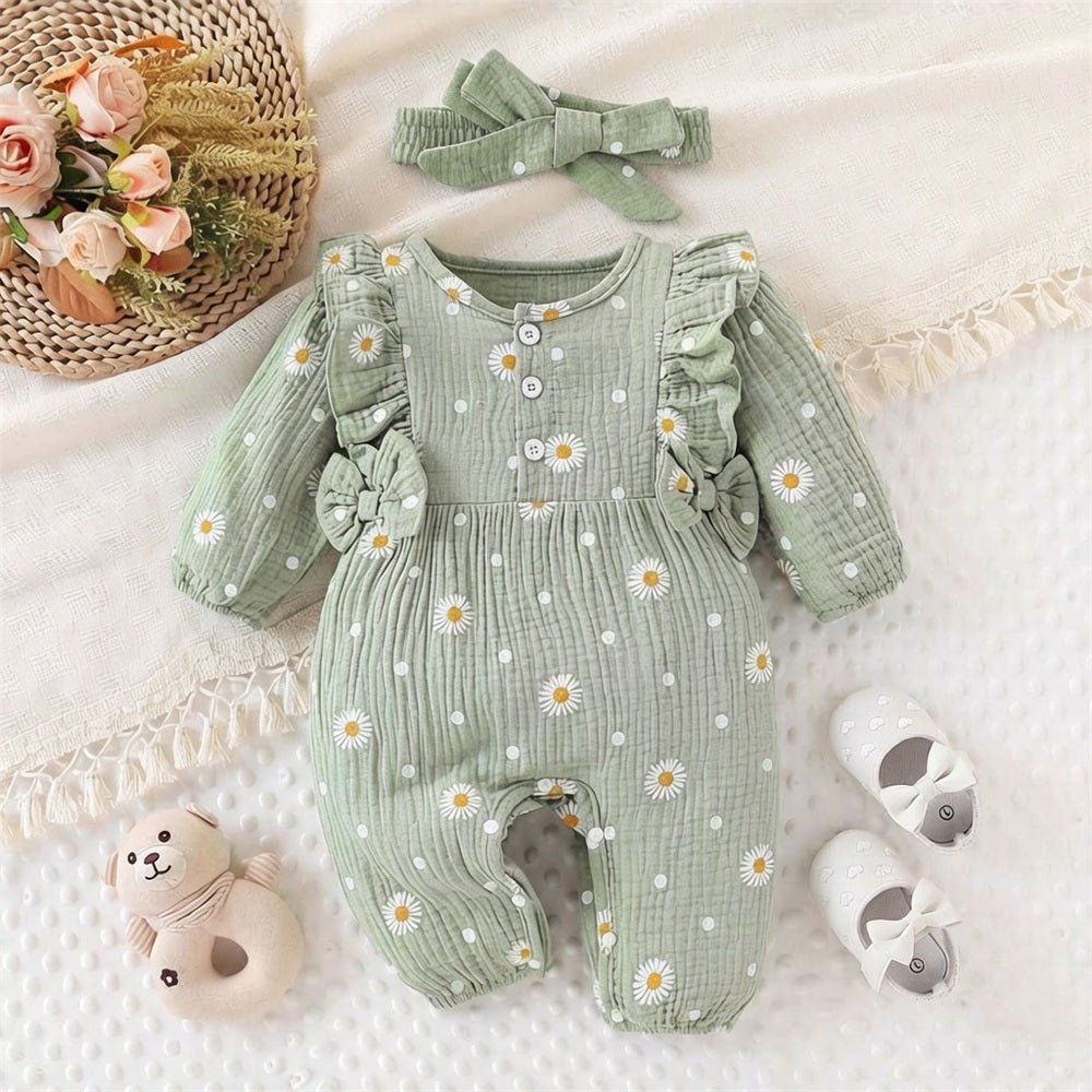 2PCS Timeless Daisy Printed Long Sleeve Baby Girl Jumpsuit