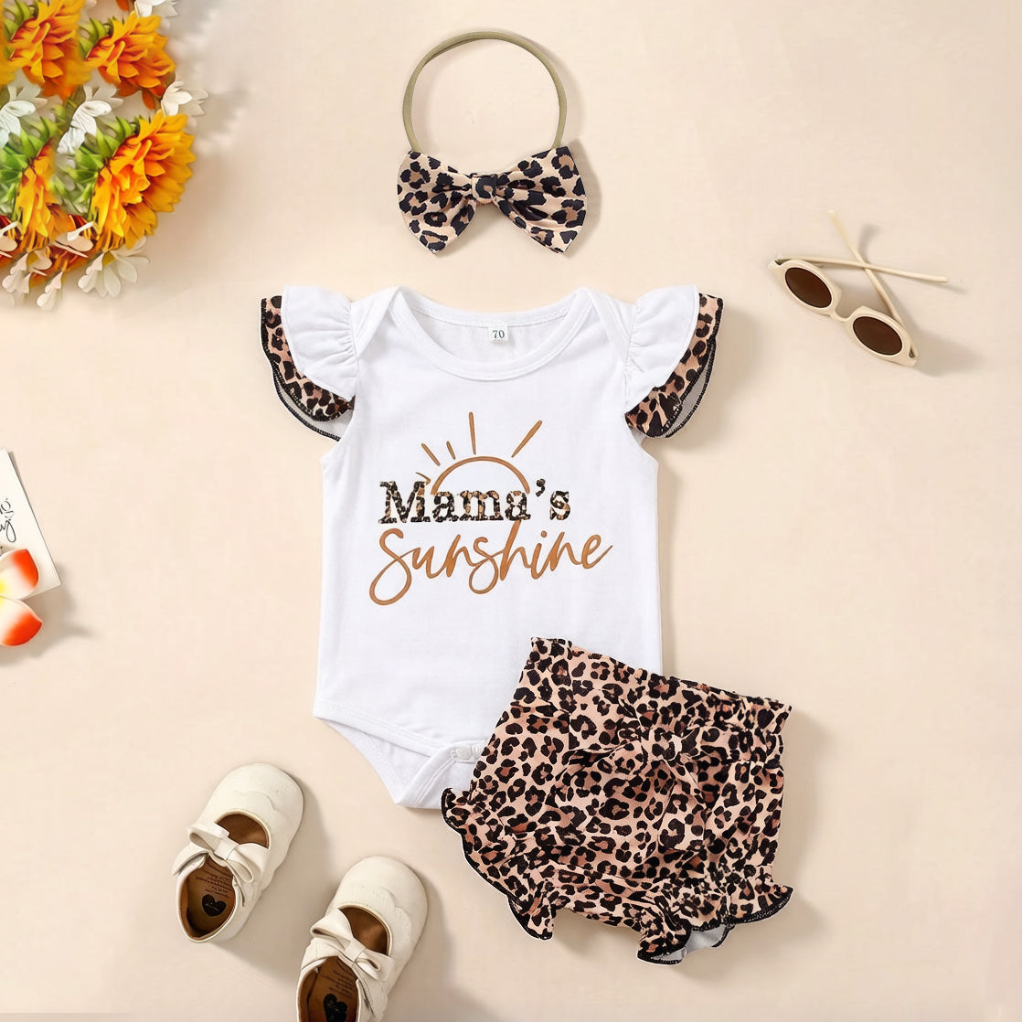 3PCS Chic Mama's Sunshine Letter Leopard Print Baby Set