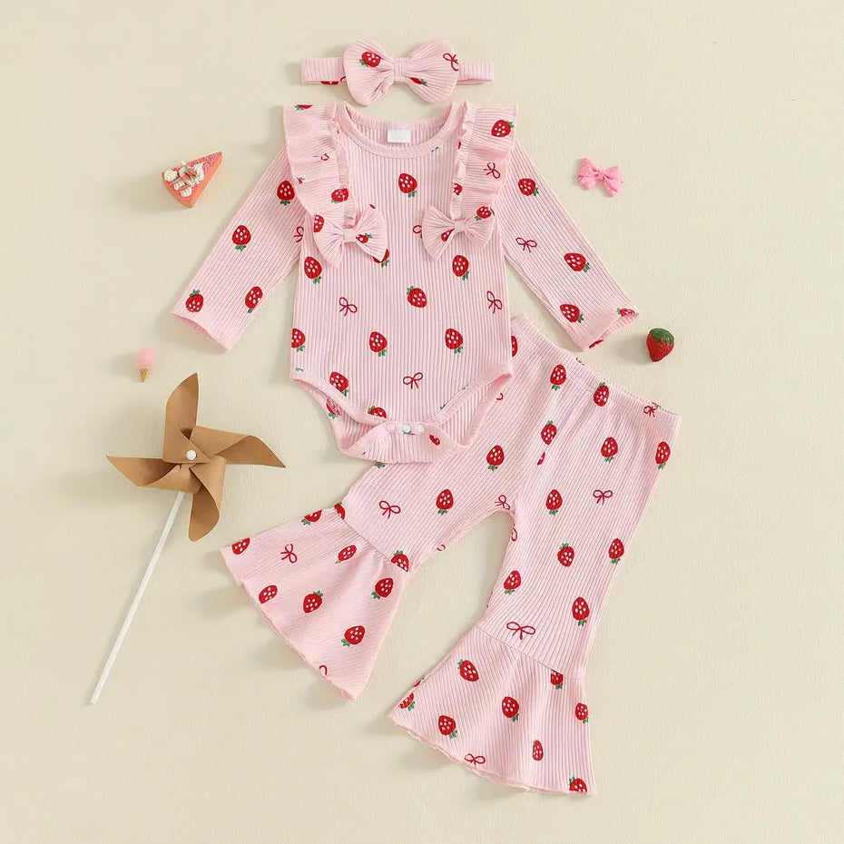 3PCS Playful Strawberry Printed Baby Girl Set