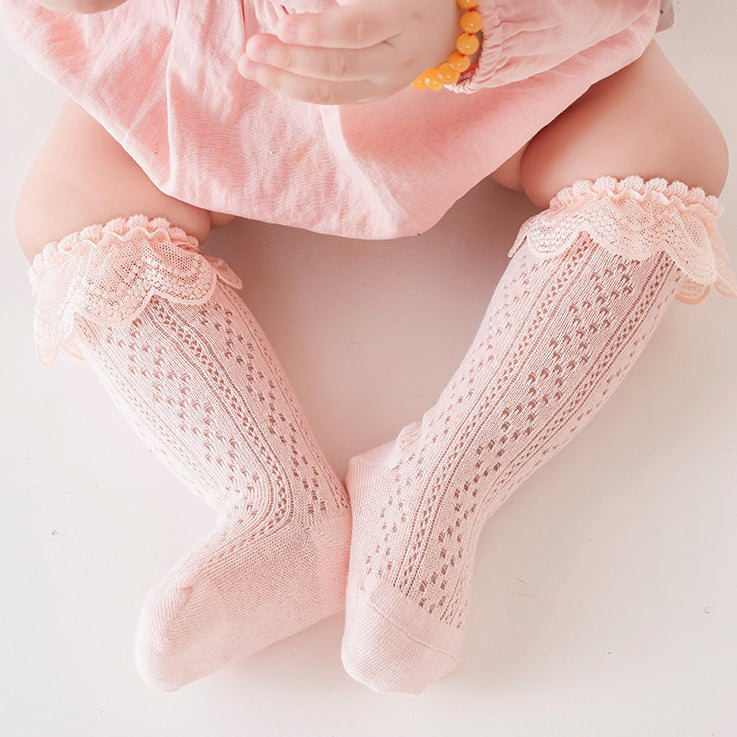Breathable Mesh Lace Ruffle Decor Long Baby Socks
