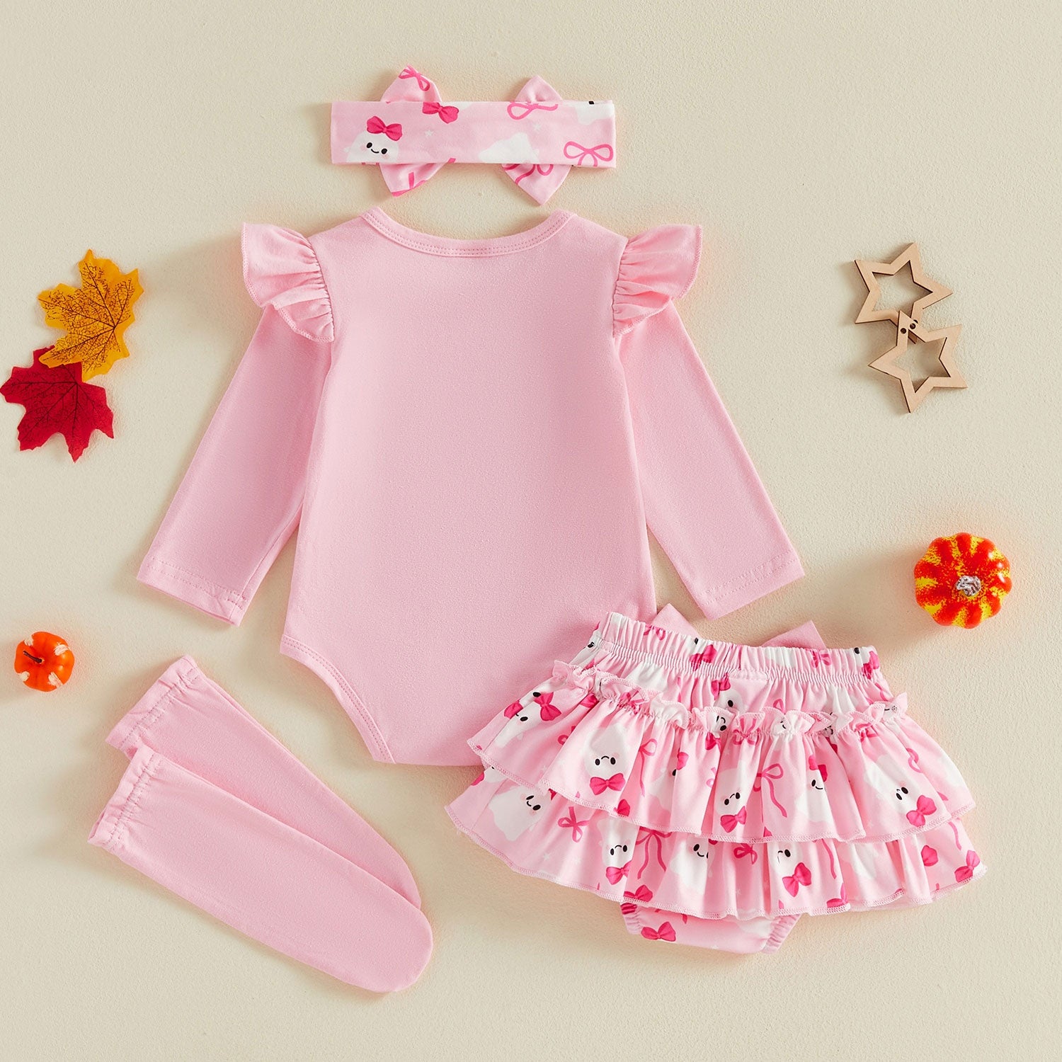 4PCS Sweet My 1st Halloween Letter Ghost and Bow Printed Baby Set