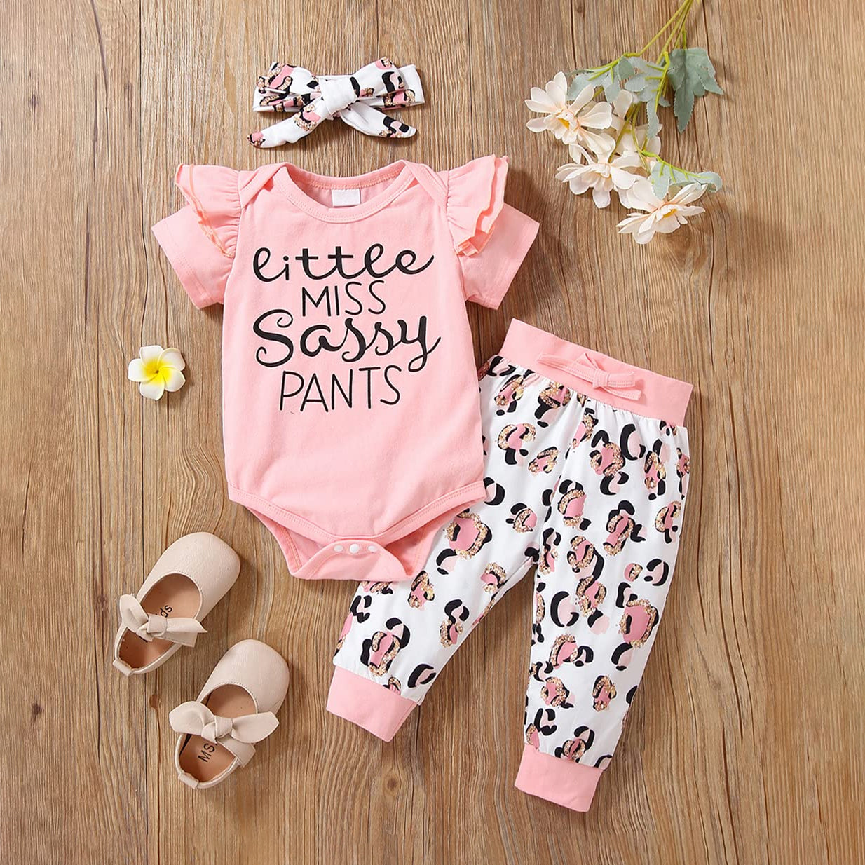 3PCS Little Miss Sassy Pants Letter Leopard Printed Short Sleeve Baby Set