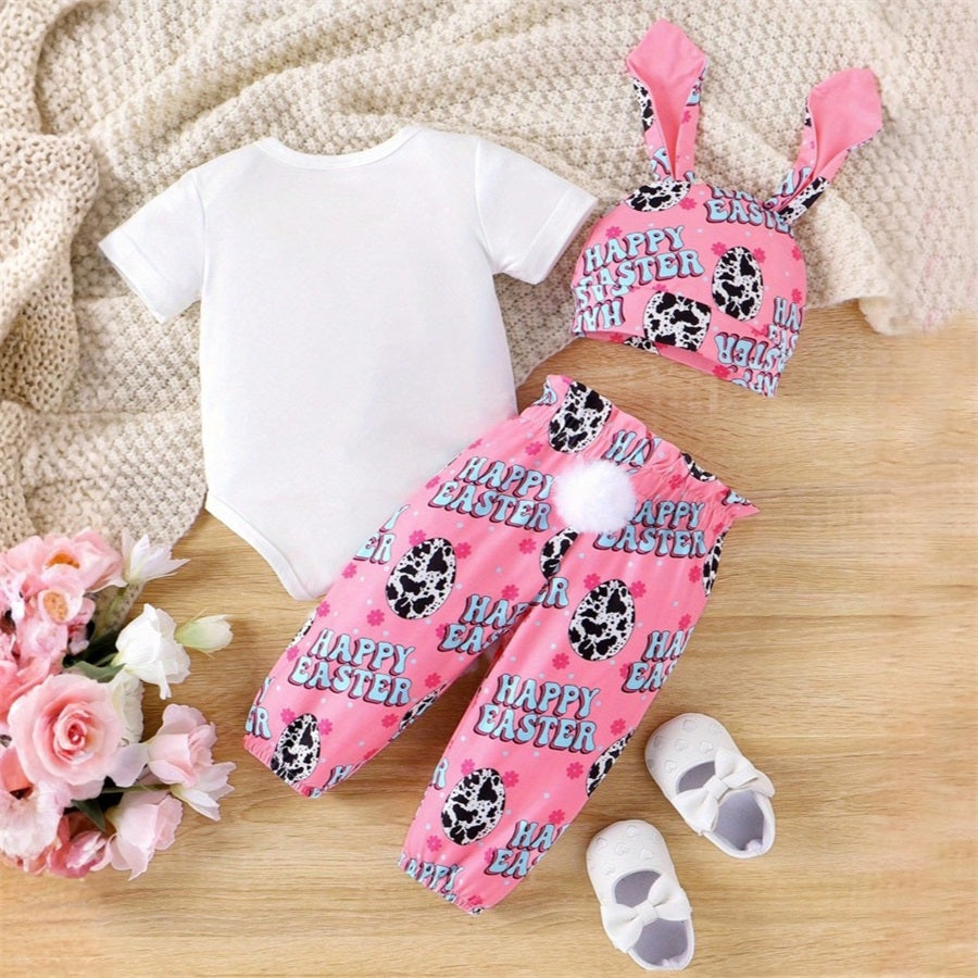 3PCS Sister Bunny Letter Printed Short Sleeve Baby Set