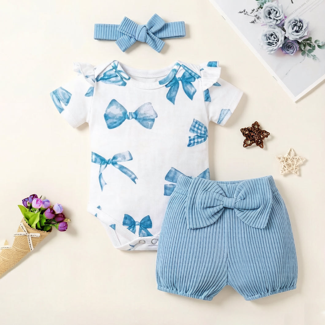 3PCS Cozy Cute Bow Printed Short Sleeve Baby Set