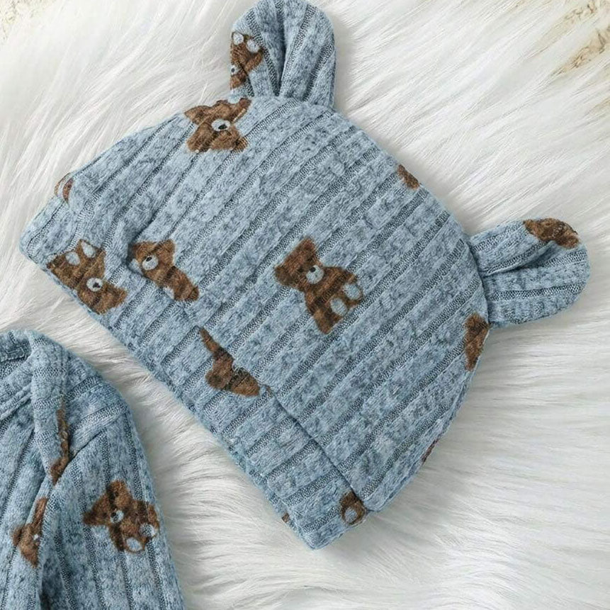 2PCS Casual Bear Printed Long Sleeve Baby Jumpsuit