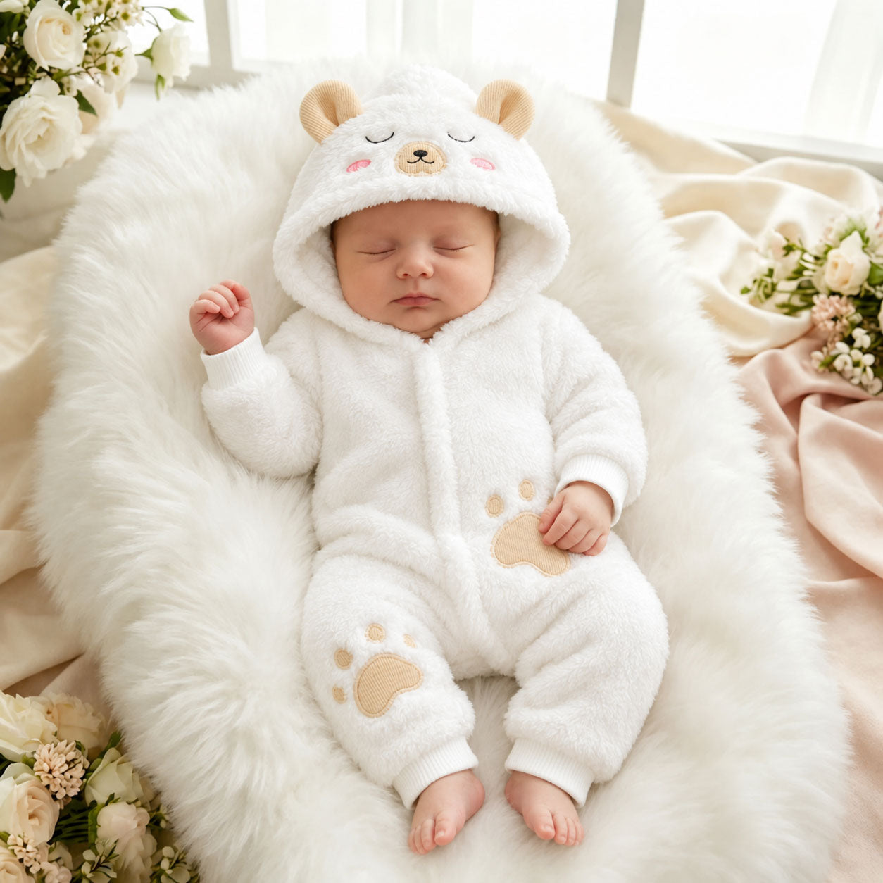 Lovely Fuzzy 3D Ear Bear Printed Zipper Hoodie Baby Jumpsuit