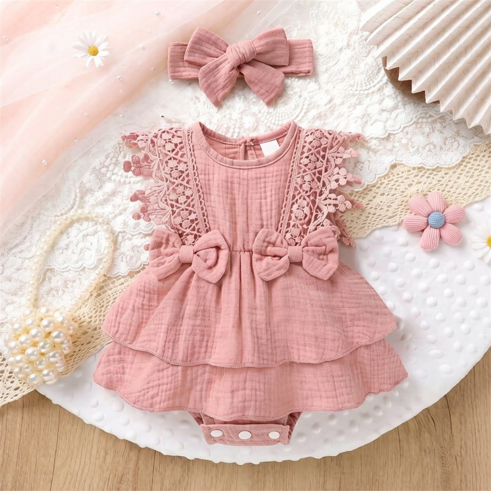 2PCS Pure Solid Color Ruffle Sleeveless Baby Romper