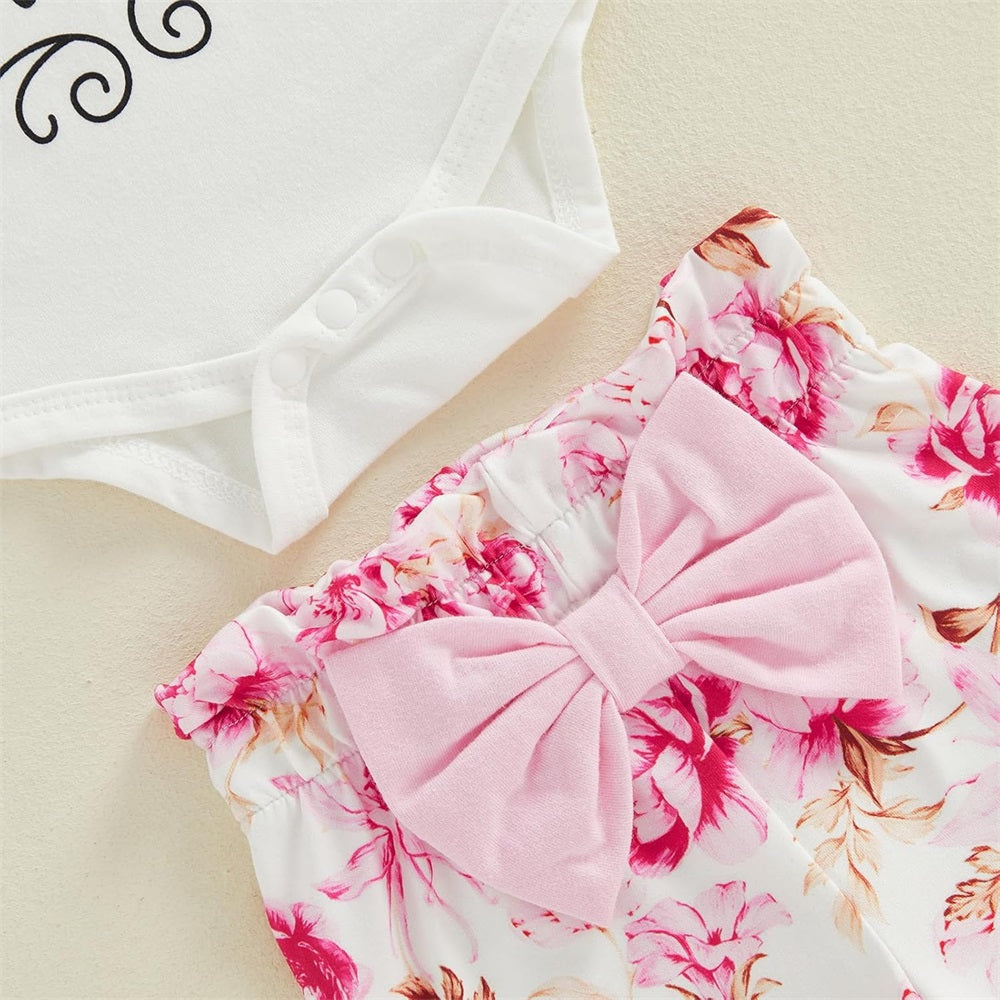 3PCS The Princess Has Arrived Letter Floral Print Short Sleeve Baby Set