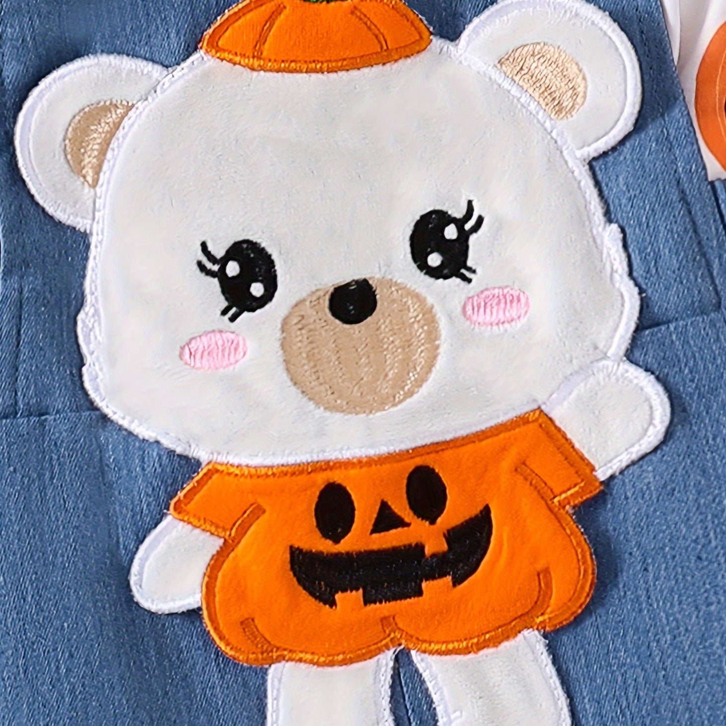 2PCS Halloween Bear Embroidery Pumpkin Printed Overalls Baby Set