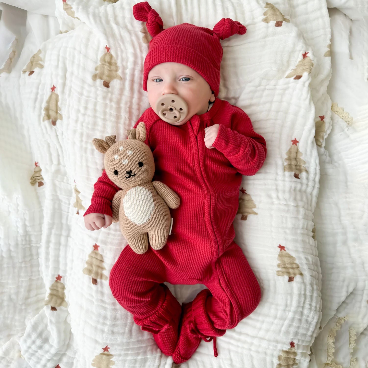 2PCS Christmas Solid Color Long Sleeve Zipper Baby Jumpsuit