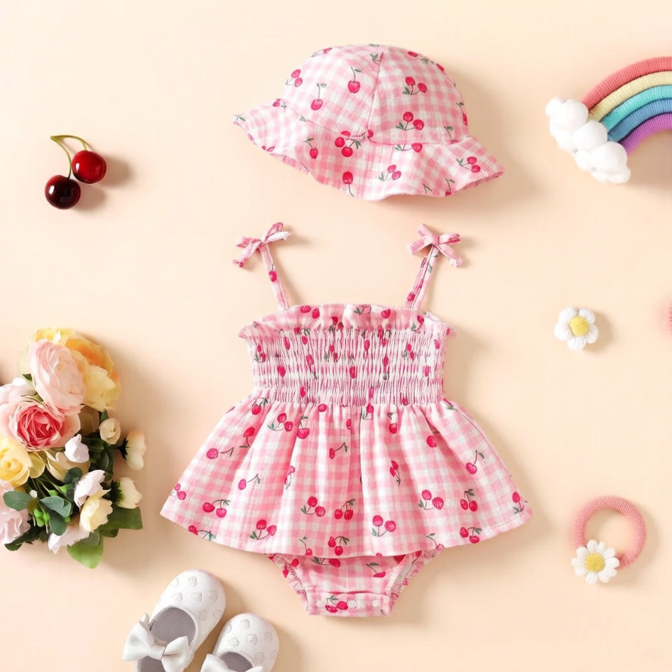 2PCS Lovely Cherry & Plaid Print Sleeveless Baby Romper