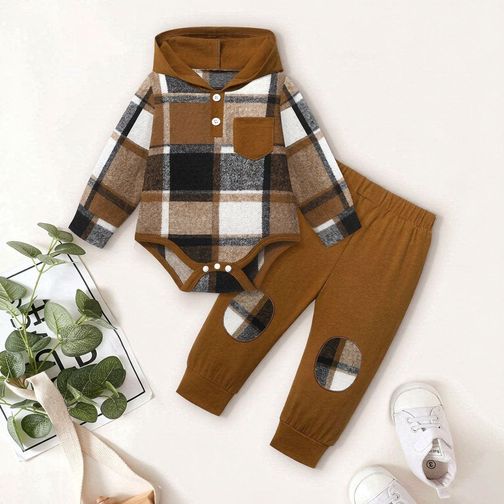 2PCS Stylish Plaid Print Long Sleeve Hoodie Baby Boy Set