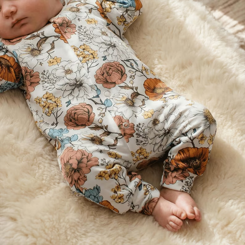 2PCS Comfy Floral Printed Long Sleeve Baby Jumpsuit