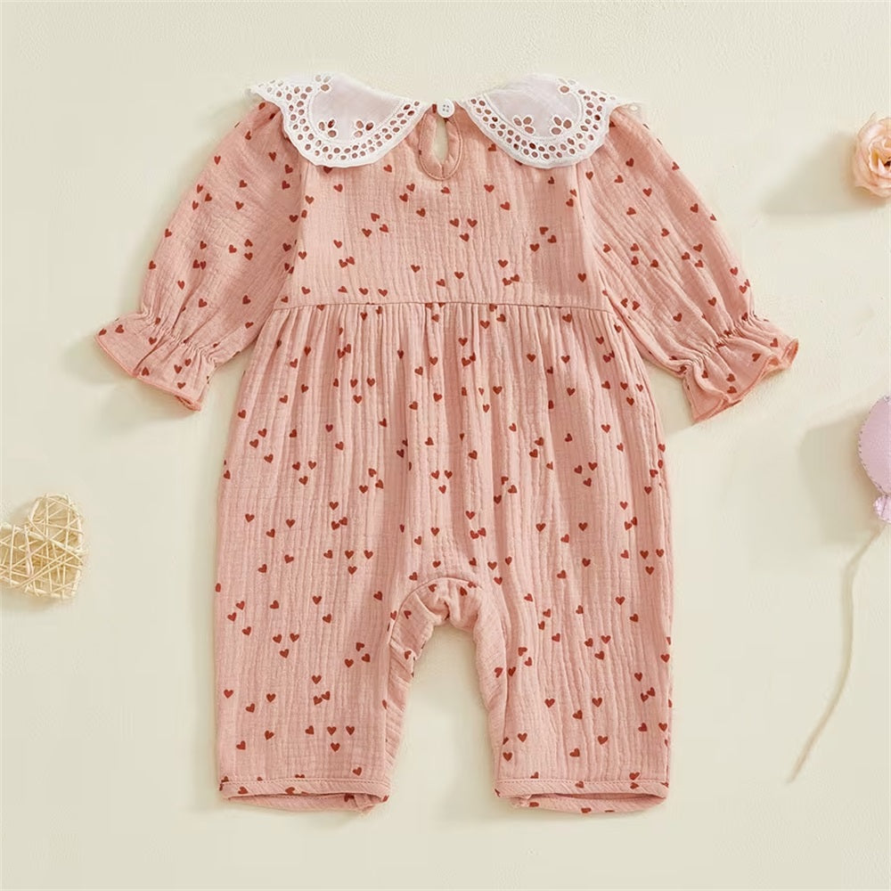 Cute Heart Print Flared Long Sleeve Baby Jumpsuit