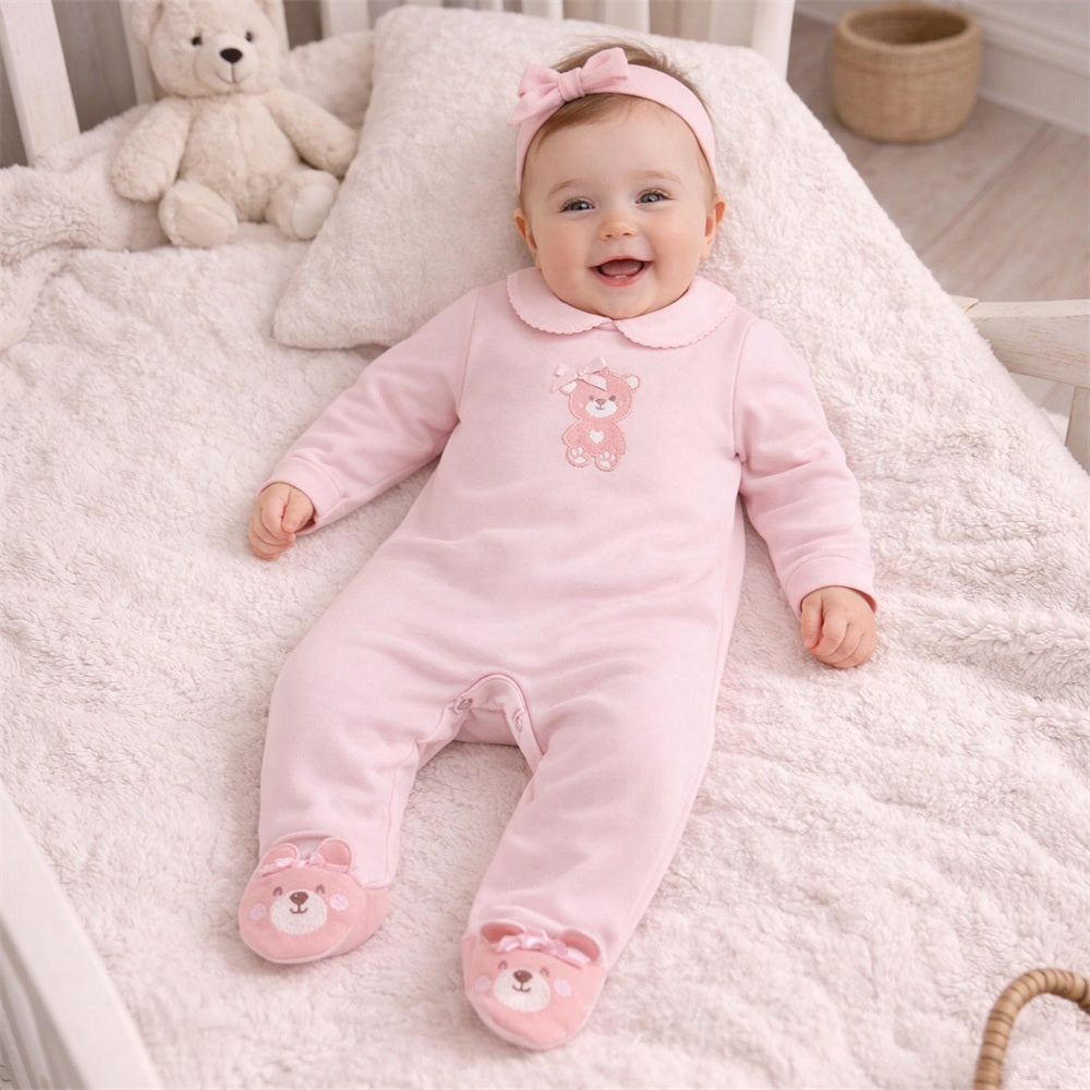 Cute Bear Embroidery Long Sleeve Baby Girl Jumpsuit
